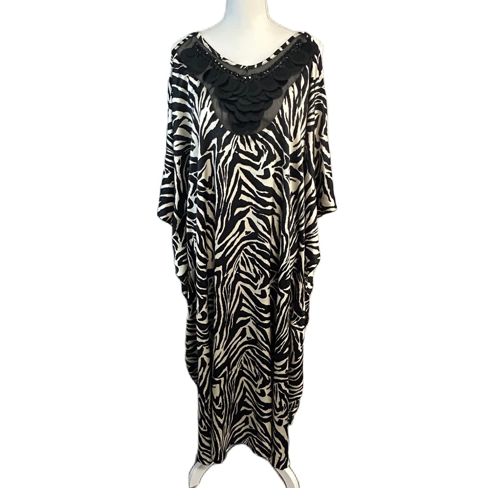 Womens Animal Print Kaftan Dress Oversize S-M‎ Embellished Zebra Cruise Resort